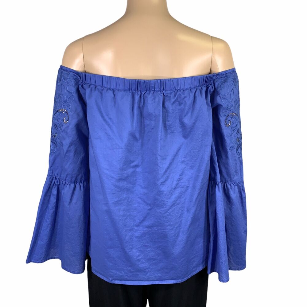 Chicos Womens Blouse Top Shirt Off Shoulder Bell Sleeve Blue Size 0 Small 4 - Picture 7 of 13